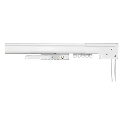 White Kirsch Superfine Pro telescoping drapery rod with pre-installed carriers, ideal for light to medium-weight pinch-pleat curtains.