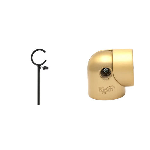 An expanded collection of Kirsch 1 inch Designer Metals drapery hardware parts, adding a 90-degree swivel bracket and 36-inch baton draw wands alongside finials, rings, and mounting brackets in eight premium finishes.