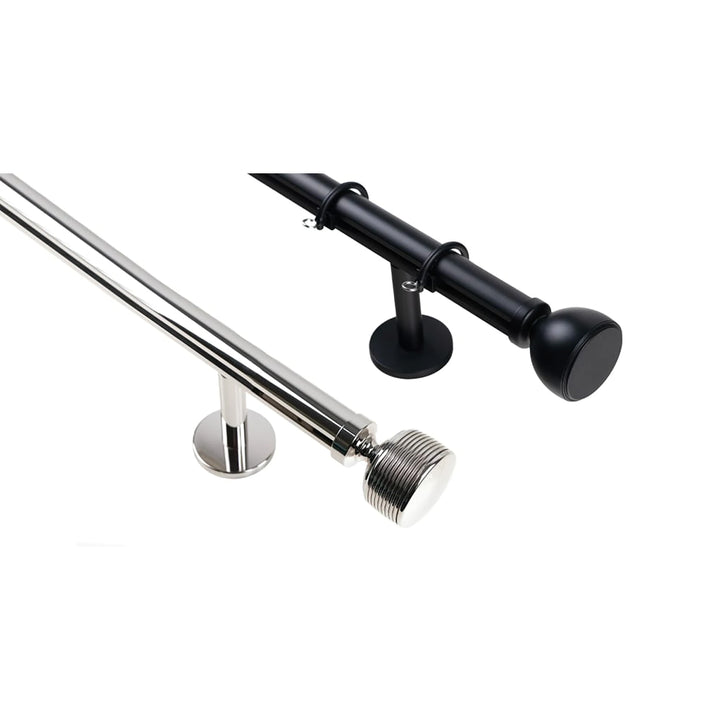 Two Kirsch Hollis 1 in. traverse rods, one in polished nickel and one in black, each with a support bracket and finial