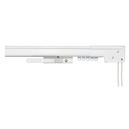 White Kirsch Superfine Pro telescoping drapery rod with pre-installed carriers, ideal for light to medium-weight pinch-pleat curtains